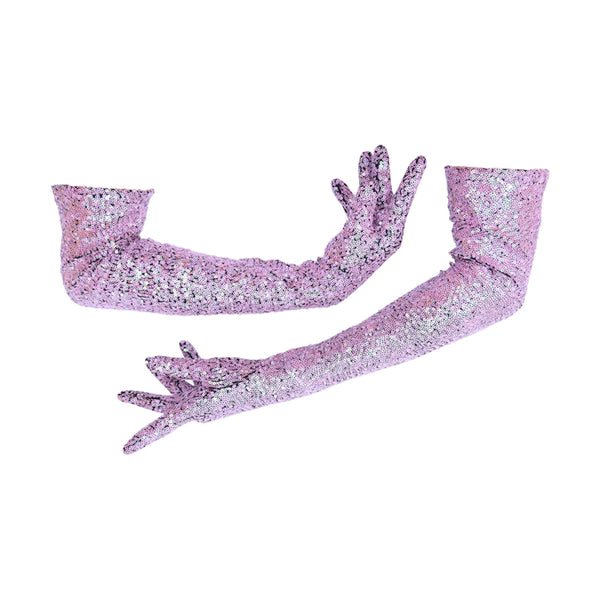 hand model wearing the vera gloves in a sparkly sequin fabric