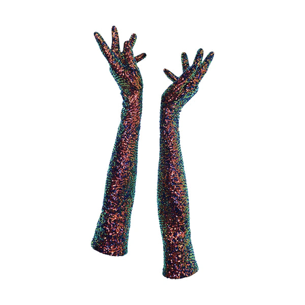 model showing off black sequin gloves