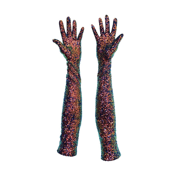Vera gloves worn by a model, made with a 4-way stretch sequin fabric