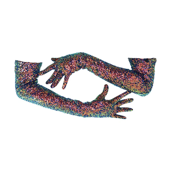 Wing + Weft Vera gloves worn by a model, featuring 4-way stretch sequin fabric