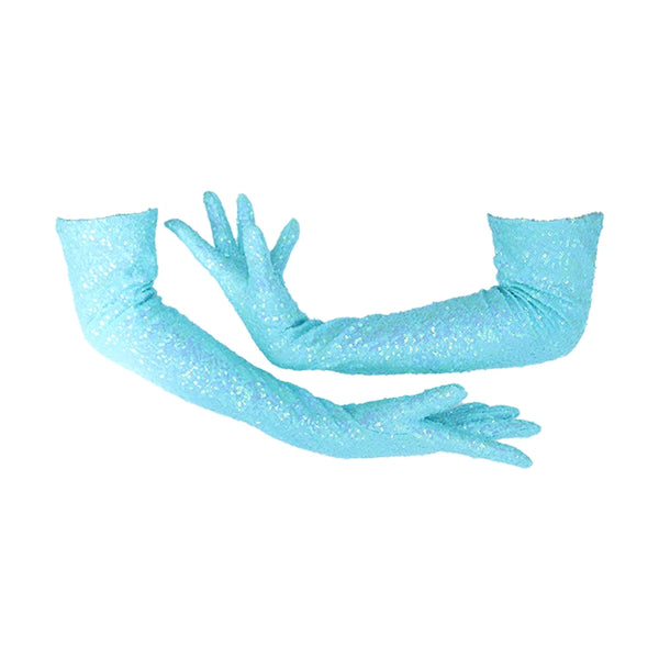 tall blue sequin gloves worn by a model
