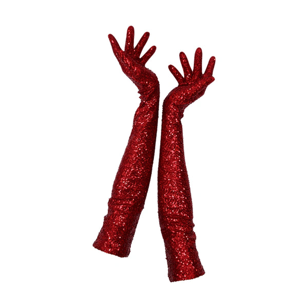 red sequin gloves worn by a model, designed for luxury fashion and performance, and handmade in NYC.