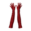 Close-up of Wing + Weft Vera gloves, worn by a model and made from 4-way stretch red sequin fabric