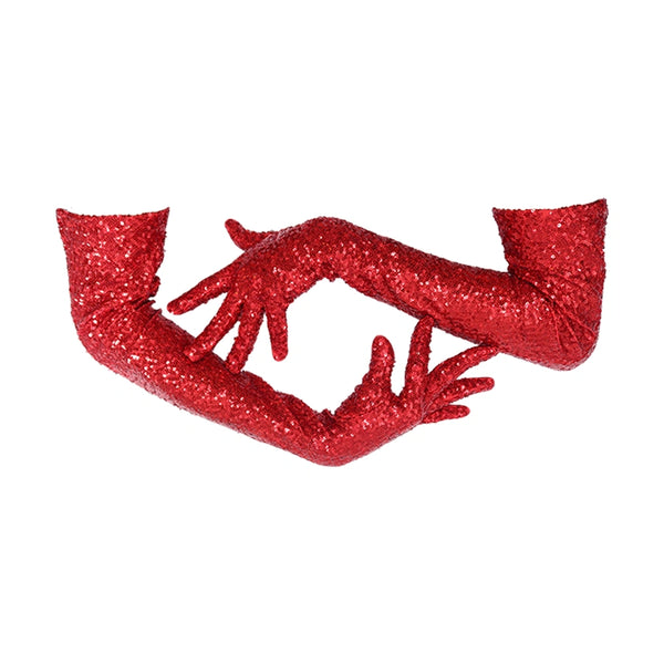 red sequin opera length gloves, displayed with a model