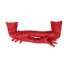 red sequin gloves worn by a model