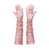 pink sequin Vera gloves worn by a model, handmade in NYC by Wing + Weft.