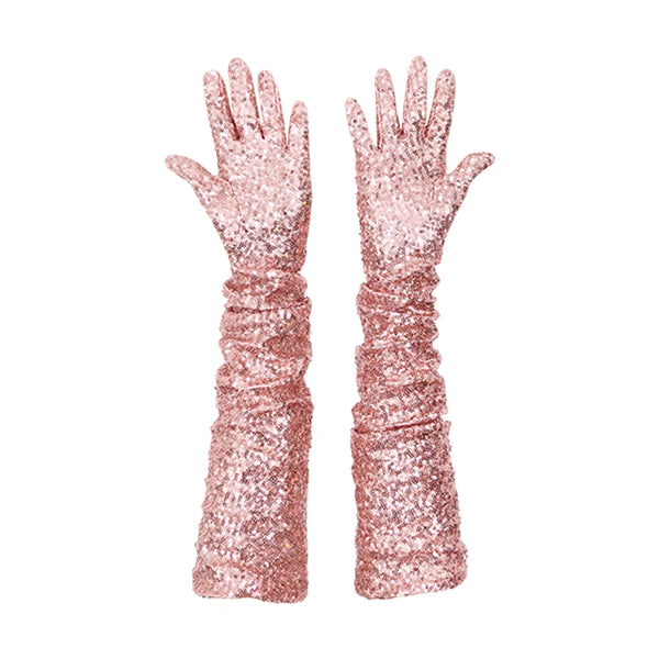 pink sequin Vera gloves worn by a model, handmade in NYC by Wing + Weft.