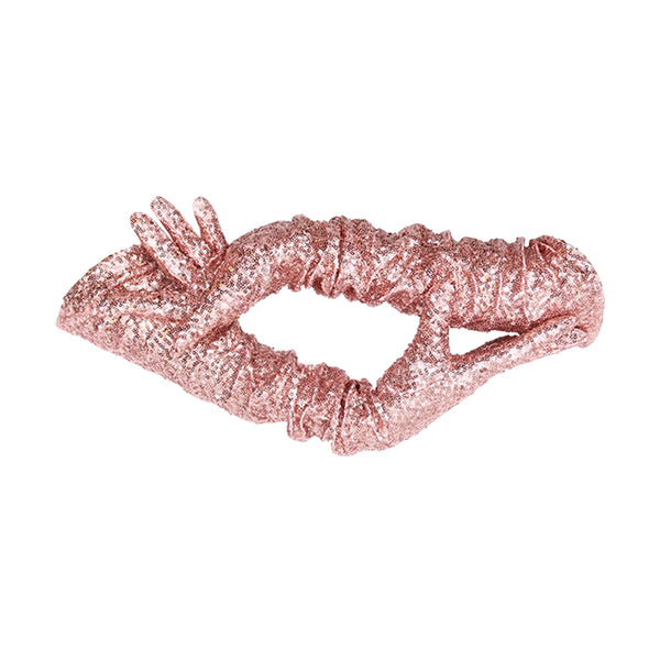 Glamorous, pink sequin Vera gloves worn by a model