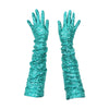 Model wearing Wing + Weft Vera gloves made of teal sequin fabric
