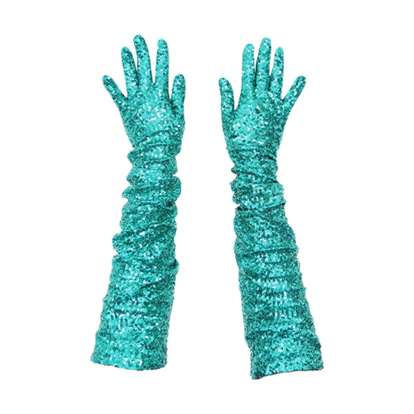 Model wearing Wing + Weft Vera gloves made of teal sequin fabric