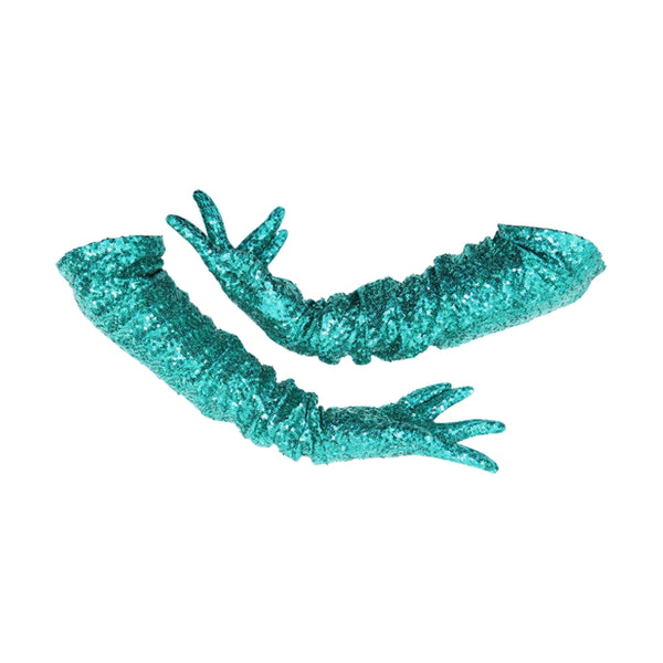 Model wearing Wing + Weft Vera gloves made of 4-way stretch sequin fabric, handmade in NYC