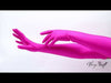 model displaying the pink Marilyn gloves, made out of 4-way stretch spandex.