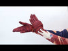 model showing us Wing + Weft Gloves with an astronaut print