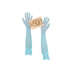 opera length bejeweled aquamarine mesh luxury gloves holding wooden Made in NYC sign