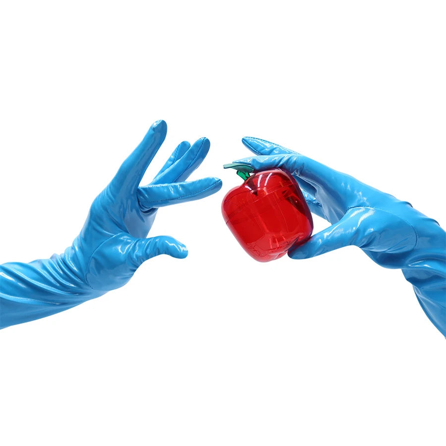 opera length vinyl turquoise gloves holding an apple