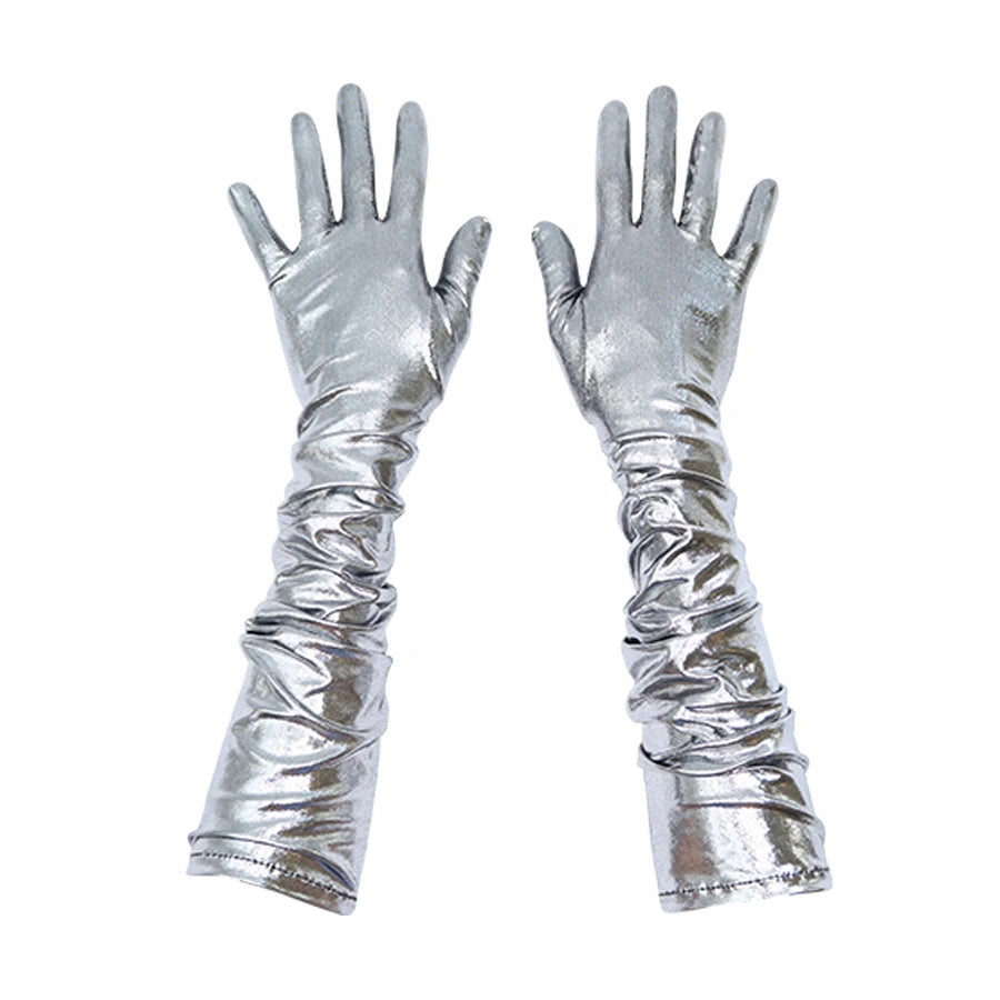 silver dress gloves Silver Long Satin Gloves - Size: Adult